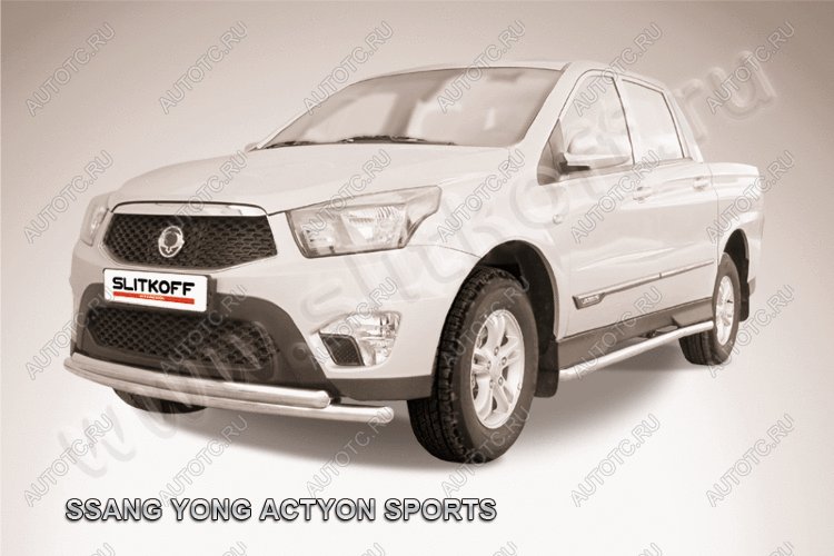 13 999 р. Защита переднего бампера d57+d57 двойная радиусная Slitkoff  SSANGYONG Actyon Sport (2012-2025) (нержавейка полированная)  с доставкой в г. Москва