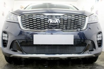 Защитная сетка в бампер (низ, ячейка 3х7 мм) Alfeco Стандарт KIA Sorento UM/Prime рестайлинг (2018-2020)  (Чёрная)