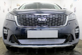 Защитная сетка в бампер (низ, ячейка 3х7 мм) Alfeco Стандарт KIA Sorento UM/Prime рестайлинг (2018-2020)  (Хром)