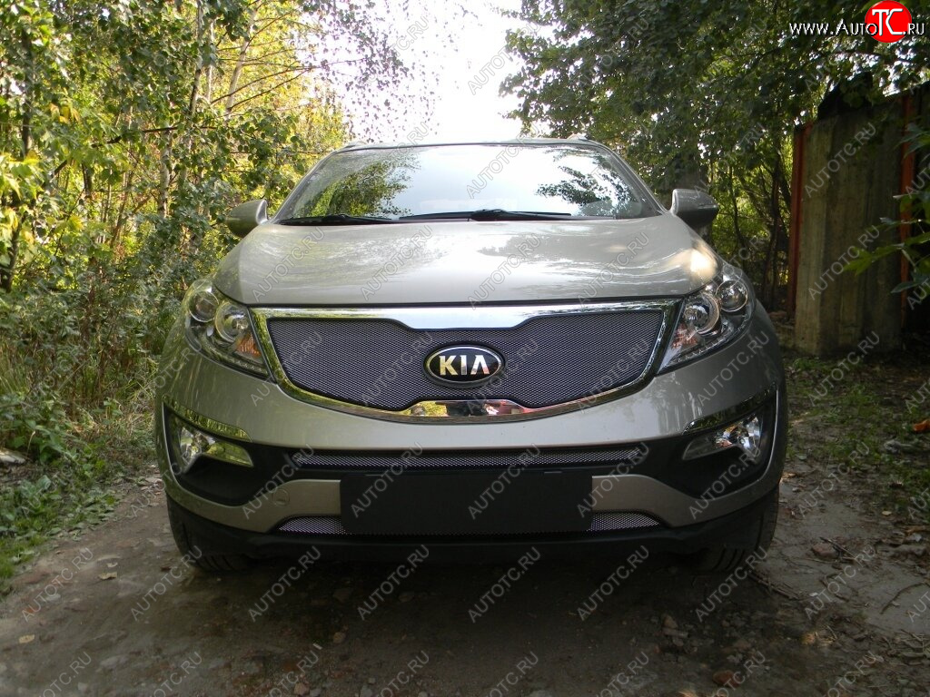 3 589 р. Защитная сетка в бампер (верх, ячейка 3х7 мм) Alfeco Стандарт  KIA Sportage  3 SL (2010-2014) дорестайлинг (Хром)  с доставкой в г. Москва