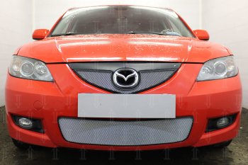 Защитная сетка в бампер (верх, ячейка 3х7 мм) Alfeco Стандарт Mazda (Мазда) 3/Axela (ахелла)  BK (2006-2009) BK рестайлинг седан  (Хром)