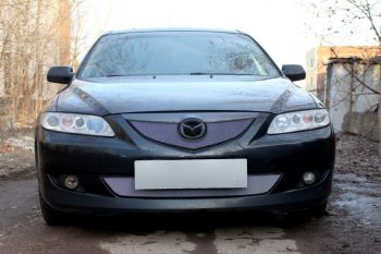 3 199 р. Защитная сетка в бампер (верх, ячейка 3х7 мм) Alfeco Стандарт Mazda 6 GG седан дорестайлинг (2002-2005) (Хром)  с доставкой в г. Москва. Увеличить фотографию 1