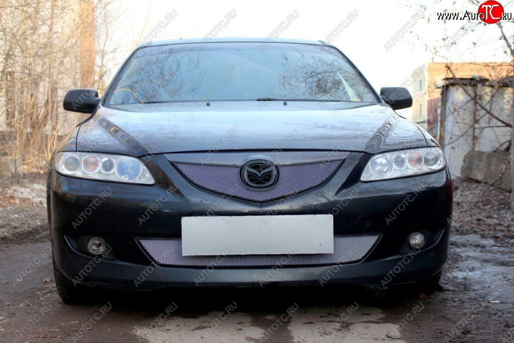 3 199 р. Защитная сетка в бампер (верх, ячейка 3х7 мм) Alfeco Стандарт  Mazda 6  GG (2002-2005) лифтбэк дорестайлинг, седан дорестайлинг (Хром)  с доставкой в г. Москва