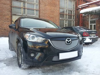 4 299 р. Защитная сетка в бампер (верх, ячейка 3х7 мм) Alfeco Стандарт Mazda CX-5 KE дорестайлинг (2011-2014) (Хром)  с доставкой в г. Москва. Увеличить фотографию 3