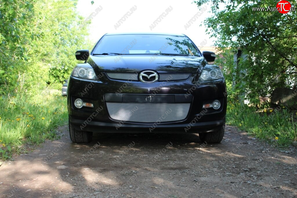 3 399 р. Защитная сетка в бампер (низ, ячейка 3х7 мм) Alfeco Стандарт  Mazda CX-7  ER (2006-2010) дорестайлинг (Хром)  с доставкой в г. Москва