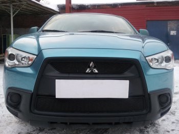 Защитная сетка в бампер (низ, ячейка 3х7 мм) Alfeco Стандарт Mitsubishi (Митсубиси) ASX (АСХ) (2010-2012) дорестайлинг  (Чёрная)