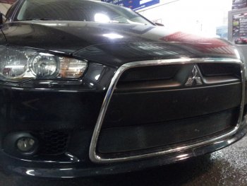 6 999 р. Защитная сетка в бампер (3 части, ячейка 3х7 мм) Alfeco Стандарт Mitsubishi Lancer 10 CY седан рестайлинг (2011-2017) (Чёрная)  с доставкой в г. Москва. Увеличить фотографию 3