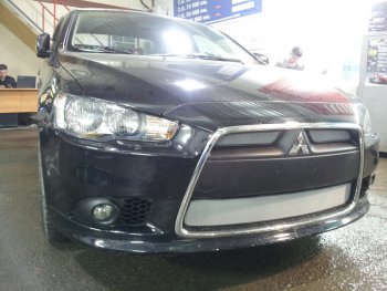 Защитная сетка в бампер (3 части, ячейка 3х7 мм) Alfeco Стандарт Mitsubishi Lancer 10 седан рестайлинг (2011-2017)  (Хром)