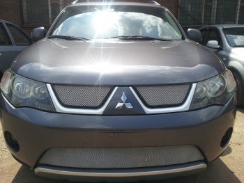 Защитная сетка в бампер (верх, ячейка 3х7 мм) Alfeco Стандарт Mitsubishi Outlander XL (CW)  дорестайлинг (2005-2009)  (Хром)