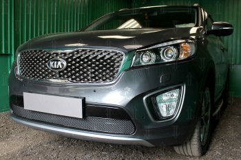 4 299 р. Защитная сетка в бампер (низ, ячейка 4х10 мм) Alfeco Премиум  KIA Sorento  UM/Prime (2014-2018) дорестайлинг (Чёрная)  с доставкой в г. Москва. Увеличить фотографию 2