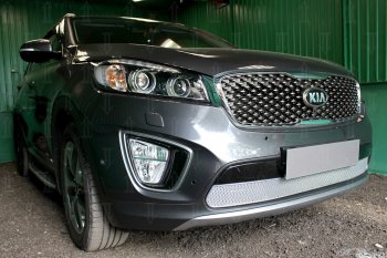 4 549 р. Защитная сетка в бампер (низ, ячейка 4х10 мм) Alfeco Премиум KIA Sorento UM/Prime дорестайлинг (2014-2018) (Хром)  с доставкой в г. Москва. Увеличить фотографию 2