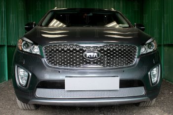 4 549 р. Защитная сетка в бампер (низ, ячейка 4х10 мм) Alfeco Премиум  KIA Sorento  UM/Prime (2014-2018) дорестайлинг (Хром)  с доставкой в г. Москва. Увеличить фотографию 1