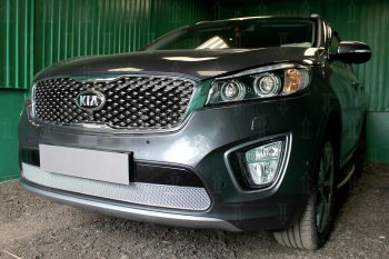 4 549 р. Защитная сетка в бампер (низ, ячейка 4х10 мм) Alfeco Премиум KIA Sorento UM/Prime дорестайлинг (2014-2018) (Хром)  с доставкой в г. Москва. Увеличить фотографию 3