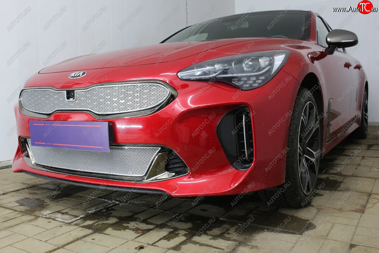 6 299 р. Защитная сетка в бампер (верх, ячейка 4х10 мм) Alfeco Премиум KIA Stinger (2017-2024) (Хром)  с доставкой в г. Москва