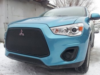 3 679 р. Защитная сетка в бампер (низ, ячейка 4х10 мм) Alfeco Премиум Mitsubishi ASX 1-ый рестайлинг (2013-2016) (Чёрная)  с доставкой в г. Москва. Увеличить фотографию 2