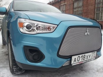 5 999 р. Защитная сетка в бампер (верх, ячейка 4х10 мм) Alfeco Премиум Mitsubishi ASX 1-ый рестайлинг (2013-2016) (Хром)  с доставкой в г. Москва. Увеличить фотографию 2