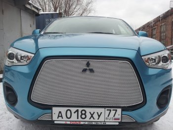 5 999 р. Защитная сетка в бампер (верх, ячейка 4х10 мм) Alfeco Премиум Mitsubishi ASX 1-ый рестайлинг (2013-2016) (Хром)  с доставкой в г. Москва. Увеличить фотографию 4