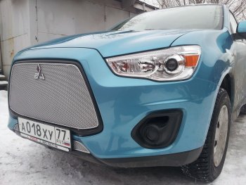 5 999 р. Защитная сетка в бампер (верх, ячейка 4х10 мм) Alfeco Премиум Mitsubishi ASX 1-ый рестайлинг (2013-2016) (Хром)  с доставкой в г. Москва. Увеличить фотографию 3