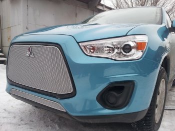 4 299 р. Защитная сетка в бампер (низ, ячейка 4х10 мм) Alfeco Премиум Mitsubishi ASX 1-ый рестайлинг (2013-2016) (Хром)  с доставкой в г. Москва. Увеличить фотографию 2