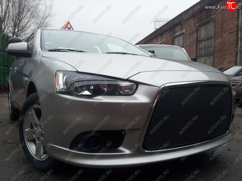 5 999 р. Защитная сетка в бампер (ячейка 3х7 мм) Alfeco Стандарт Mitsubishi Lancer 10 седан рестайлинг (2011-2017) (Чёрная)  с доставкой в г. Москва