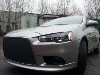 5 999 р. Защитная сетка в бампер (ячейка 3х7 мм) Alfeco Стандарт Mitsubishi Lancer 10 седан рестайлинг (2011-2017) (Чёрная)  с доставкой в г. Москва. Увеличить фотографию 3