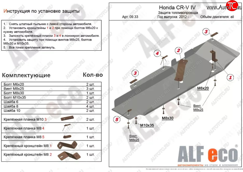 4 599 р. Защита топливопровода Alfeco  Honda CR-V  RM1,RM3,RM4 (2012-2018) дорестайлинг, рестайлинг (Сталь 2 мм)  с доставкой в г. Москва