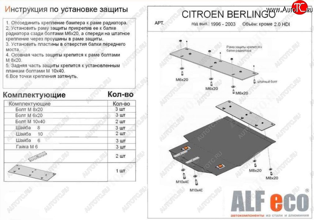 11 799 р. Защита картера двигателя и КПП (кроме 2,0 HDI) ALFECO  CITROEN Berlingo  M49 (1996-2003) дорестайлинг (Алюминий 4 мм)  с доставкой в г. Москва