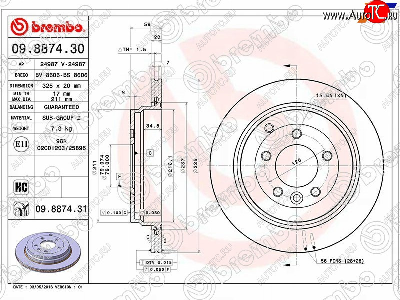 6 549 р. Задний тормозной диск (вентилируемый, d 325) BREMBO дизель Land Rover Range Rover Sport 1 L320 дорестайлинг (2005-2009)  с доставкой в г. Москва