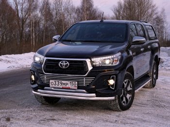 Защита переднего бампера нижняя двойная 60,3*60,3 мм ТСС Тюнинг Toyota Hilux AN120 дорестайлинг (2016-2020)  (нержавейка)