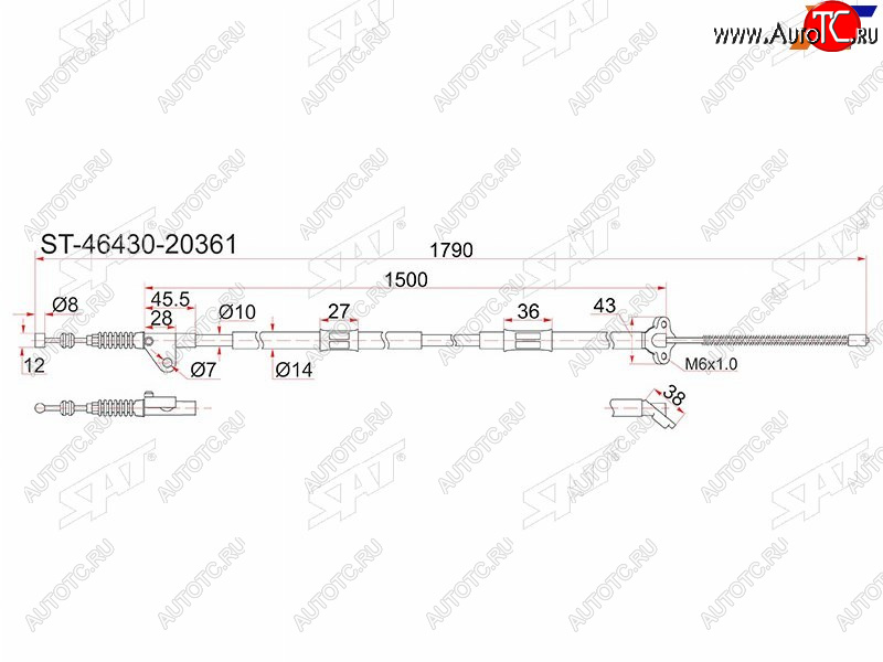 1 249 р. Трос ручника RH SAT Toyota Caldina T210 дорестайлинг универсал (1997-1999) (барабанные тормоза)  с доставкой в г. Москва