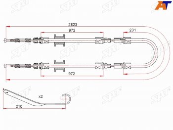 1 369 р. Трос ручного тормоза RH-LH V2.0-2.5 SAT Ford Transit цельнометаллический фургон (2014-2022) (одинарные колеса)  с доставкой в г. Москва. Увеличить фотографию 1