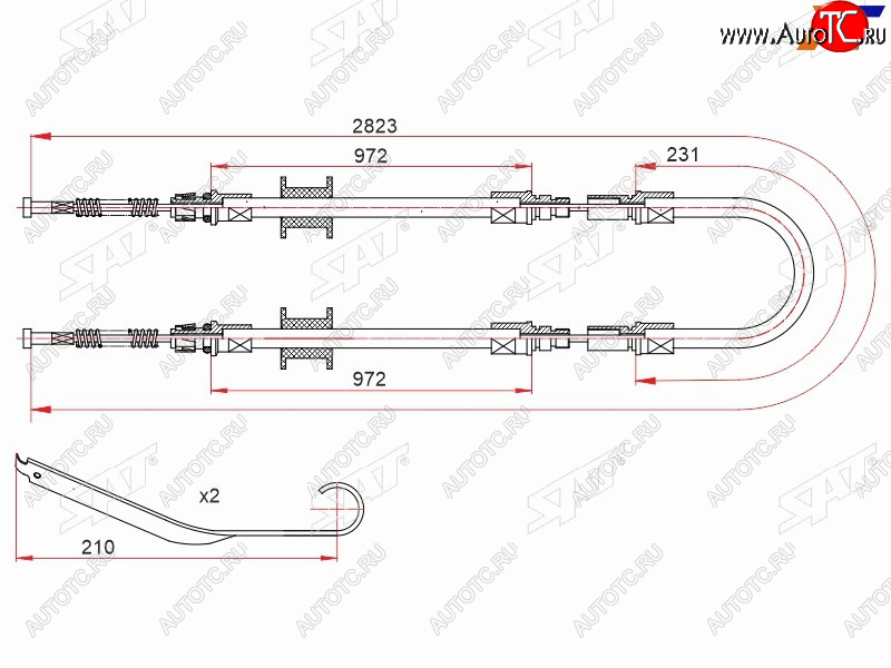 1 369 р. Трос ручного тормоза RH-LH V2.0-2.5 SAT Ford Transit цельнометаллический фургон (2014-2022) (одинарные колеса)  с доставкой в г. Москва