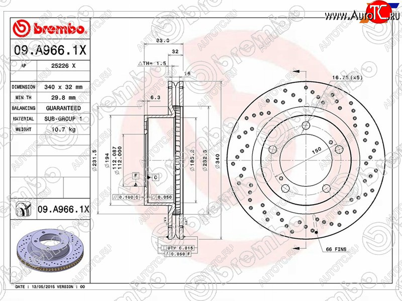 14 549 р. Тормозной передний диск (Ø340) BREMBO  Lexus LX570 J200 дорестайлинг (2007-2012)  с доставкой в г. Москва