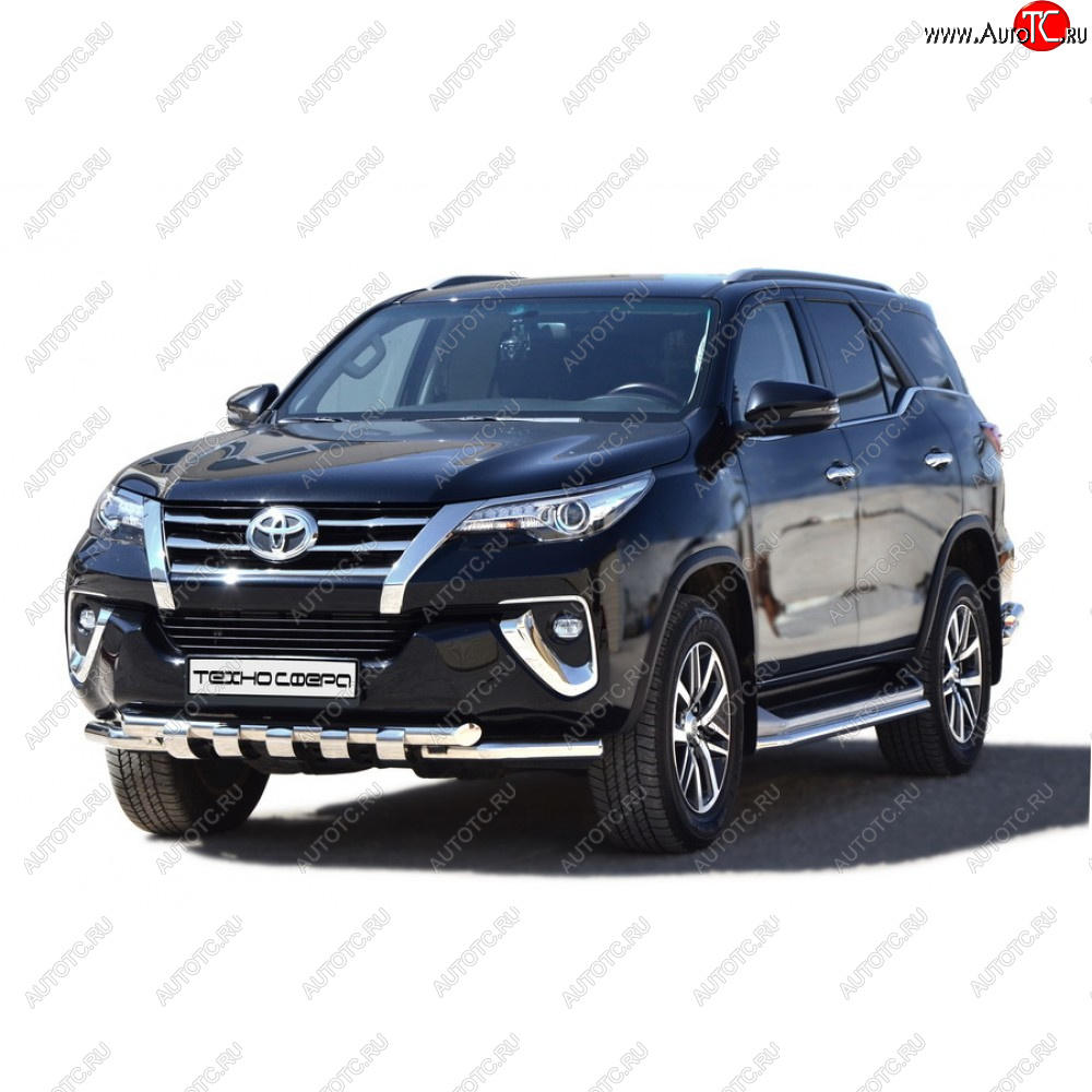 12 399 р. Защита переда труба двойная люкс крашенная d63.5, Техно Сфера  Toyota Fortuner ( AN50/AN60,  AN160) (2004-2024) дорестайлинг, 1-ый рестайлинг, 2-ой рестайлинг, дорестайлинг, рестайлинг (Черный матовый)  с доставкой в г. Москва