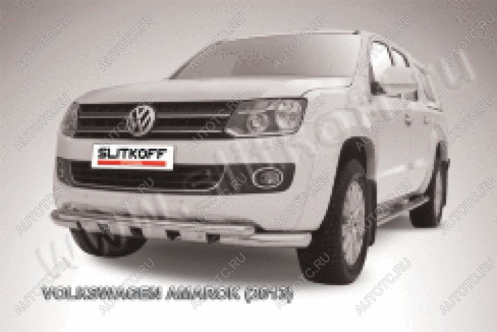 24 649 р. Защита переднего бампера d76+d57 двойная с профильной ЗК Slitkoff  Volkswagen Amarok (2009-2016) дорестайлинг (нержавейка с полимерным покрытием в цвет черный)  с доставкой в г. Москва