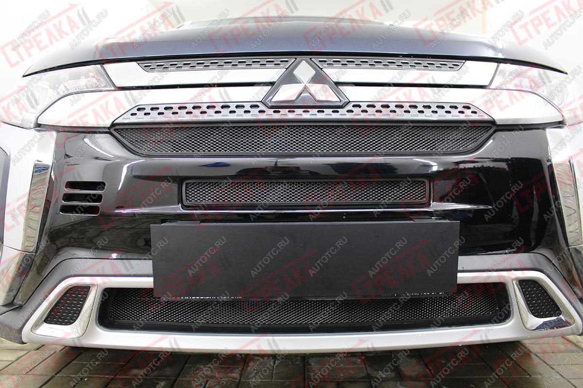 6 999 р. Защита радиатора (3 части с парктроником) Стрелка11 Стандарт  Mitsubishi Outlander  GF (2018-2022) 3-ий рестайлинг (черная)  с доставкой в г. Москва