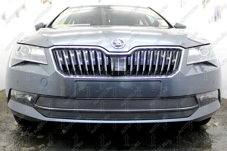 4 649 р. Защита радиатора (2 части) Стрелка11 Стандарт  Skoda Superb ( B8 (3V),  B8 (3V5)) (2015-2019) лифтбэк дорестайлинг, универсал дорестайлинг (черная)  с доставкой в г. Москва