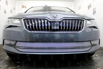 4 799 р. Защита радиатора (2 части) Стрелка11 Стандарт  Skoda Superb ( B8 (3V),  B8 (3V5)) (2015-2019) лифтбэк дорестайлинг, универсал дорестайлинг (хром)  с доставкой в г. Москва. Увеличить фотографию 2