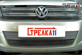 4 749 р. Защита радиатора (верх 4 части) Стрелка11 Стандарт Volkswagen Tiguan NF рестайлинг (2011-2017) (черная)  с доставкой в г. Москва. Увеличить фотографию 1