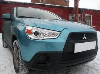 599 р. Зимняя заглушка решетки радиатора (верх, 2 части) Стрелка11  Mitsubishi ASX (2010-2012) дорестайлинг (черная)  с доставкой в г. Москва. Увеличить фотографию 2