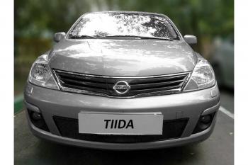 799 р. Зимняя заглушка решетки радиатора Стрелка11 Nissan Tiida 1 хэтчбек C11 рестайлинг (2010-2014) (черная)  с доставкой в г. Москва. Увеличить фотографию 2