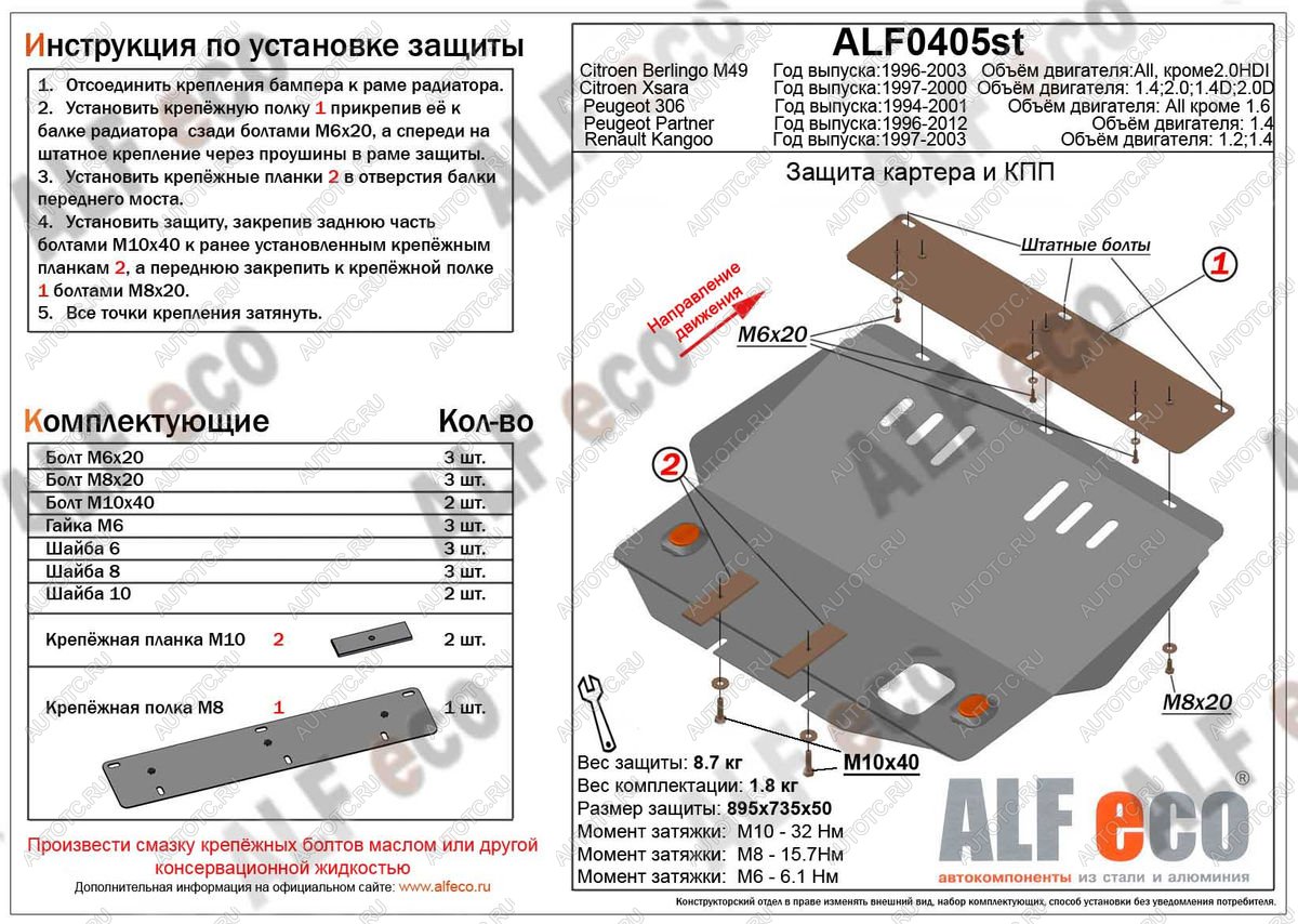 4 699 р. Защита картера и кпп (V-1,1; 1,4; 1,8;2,0;1,9D; 2,0D) ALFECO  Peugeot 306 (1993-2002) (сталь 2 мм)  с доставкой в г. Москва