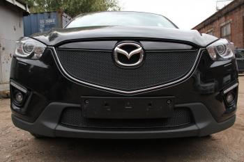 799 р. Зимняя заглушка решетки радиатора (с парктроником) PREMIUM Стрелка11 Mazda CX-5 KE дорестайлинг (2011-2014) (черная)  с доставкой в г. Москва. Увеличить фотографию 2