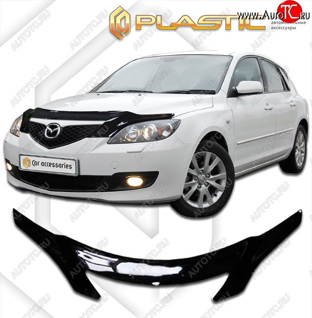 2 599 р. Дефлектор капота (exclusive) CA-Plastic  Mazda 3/Axela  BK (2003-2009) дорестайлинг, хэтчбэк, рестайлинг, хэтчбэк (Classic чёрный, Без надписи)  с доставкой в г. Москва