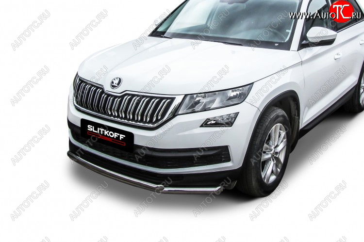 14 999 р. Защита переднего бампера Slitkoff (Ø 57+Ø 42, двойная).  Skoda Kodiaq  NU7 (2017-2021) дорестайлинг (Нержавеющая сталь)  с доставкой в г. Москва