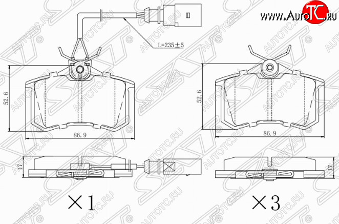 1 189 р. Комплект задних тормозных колодок SAT (с датчиком износа)  Peugeot 308 (T7,  T9), Skoda Octavia (A7), Volkswagen Caravelle (T4), Transporter (T4)  с доставкой в г. Москва