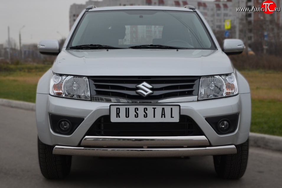 22 299 р. Защита переднего бампера (2 трубыØ75х42 мм, нержавейка) Russtal Suzuki Grand Vitara JT 3 двери 2-ой рестайлинг (2012-2016)  с доставкой в г. Москва