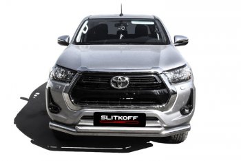 22 699 р. Защита переднего бампера Slitkoff (Ø 76+Ø 57, двойная).  Toyota Hilux  AN120 (2017-2020) 1-ый рестайлинг (Нержавеющая сталь)  с доставкой в г. Москва. Увеличить фотографию 2