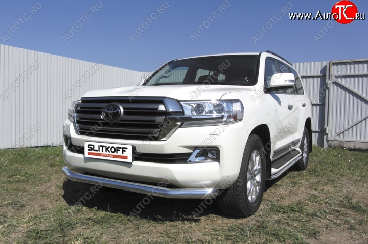 14 099 р. Одинарная защита переднего бампера диаметром 57 мм Slitkoff Toyota Land Cruiser 200 2-ой рестайлинг (2015-2021) (Цвет: нержавеющая полированная сталь)  с доставкой в г. Москва