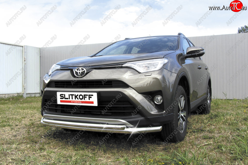 14 999 р. Защита переднего бампера Slitkoff (Ø57 и 42 мм) Toyota RAV4 XA40 5 дв. рестайлинг (2015-2019) (Нержавейка полированная)  с доставкой в г. Москва